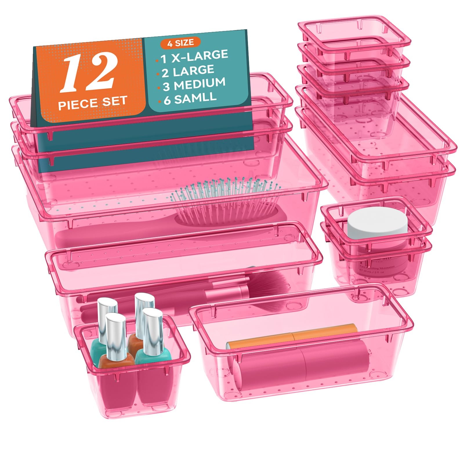 12 PCS Drawer Organizer Set, 4 Sizes Tool Storage Trays, Clear Plastic Makeup...
