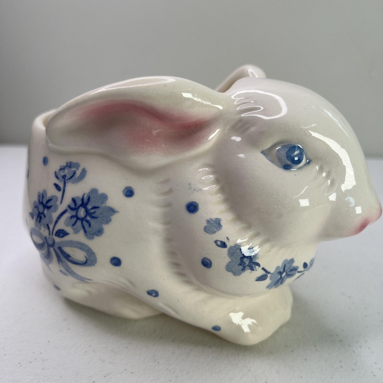 Vintage Bunny Rabbit Planter w/ Blue Floral Pattern Made In Brazil