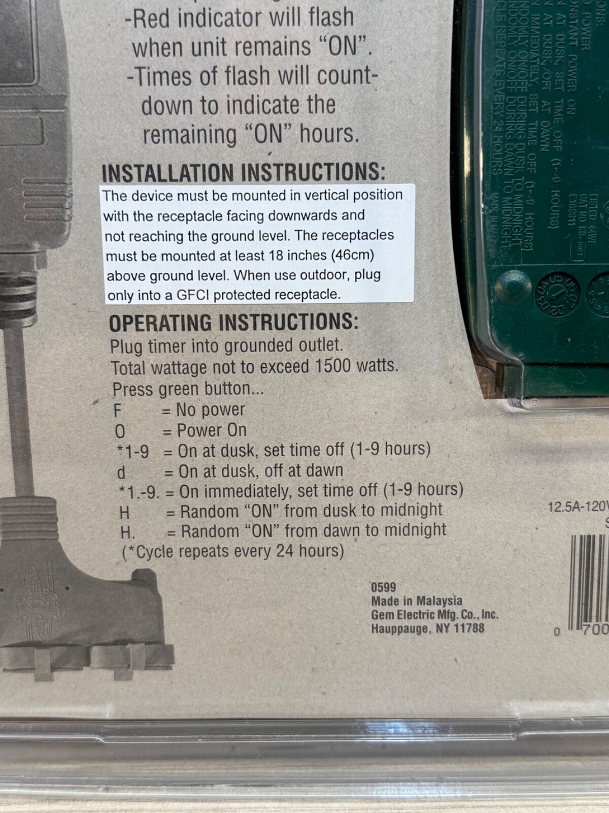 Gem CAT NO 0599 Digital Outdoor Timer 3 Grounded Outlets 60ft Transmitter Range