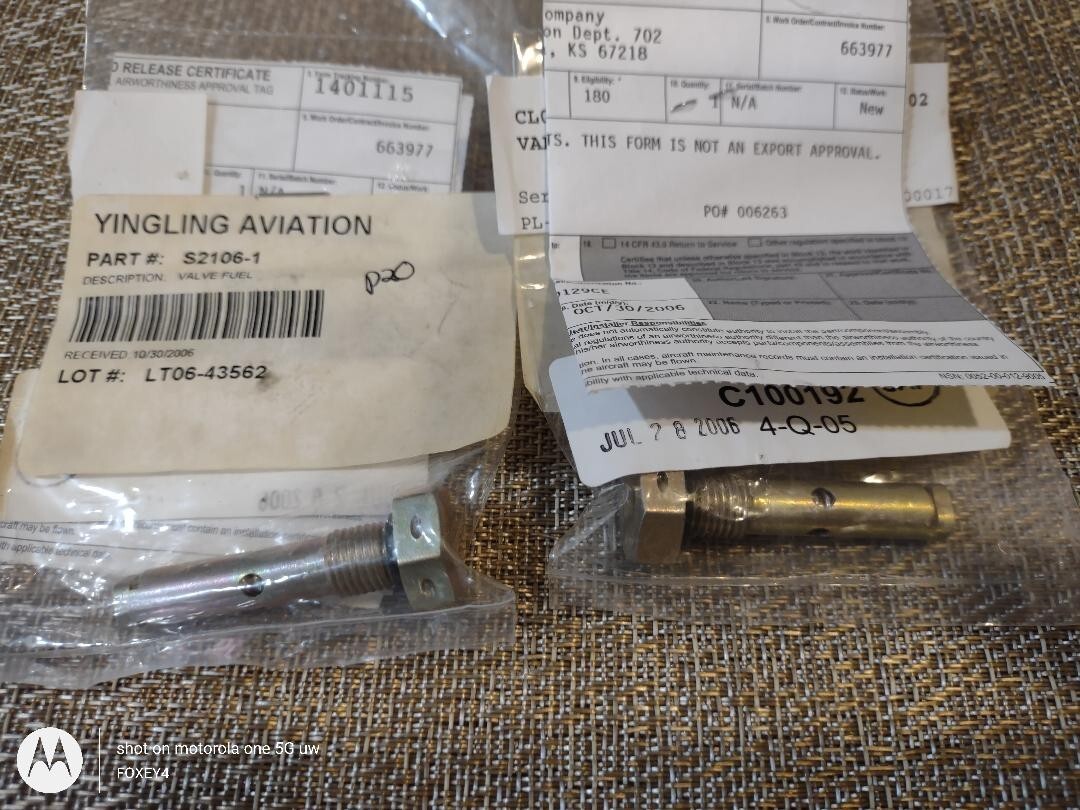NOS, Piper, Cessna  Fuel Flush Valve, PN S2106-1, F391-32, 491-806 W/8130