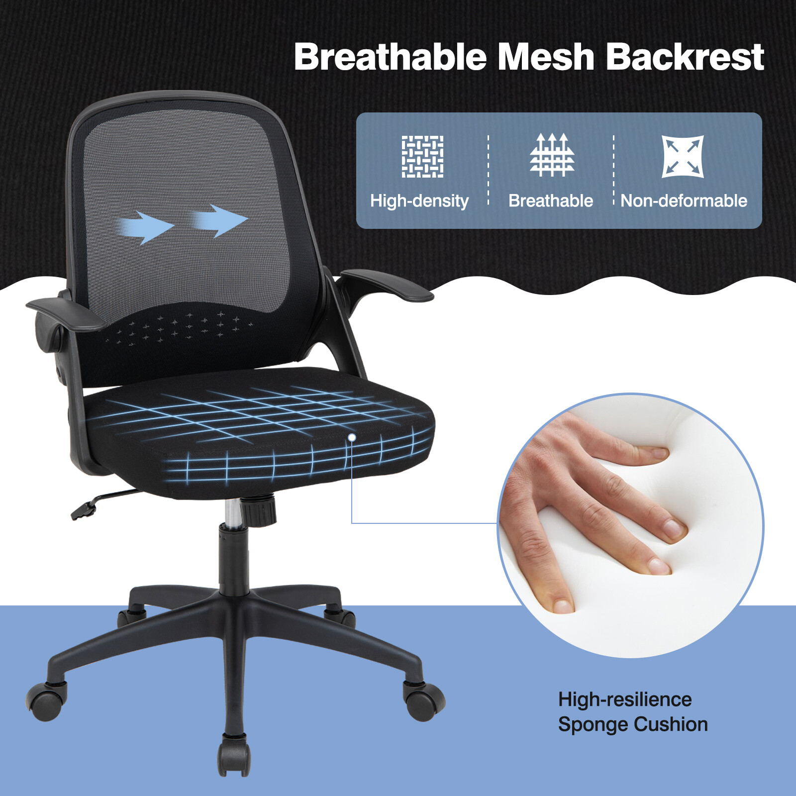 Mesh Office Chair Adjustable Rolling Computer Desk Chair w/Flip-up Armrest Black