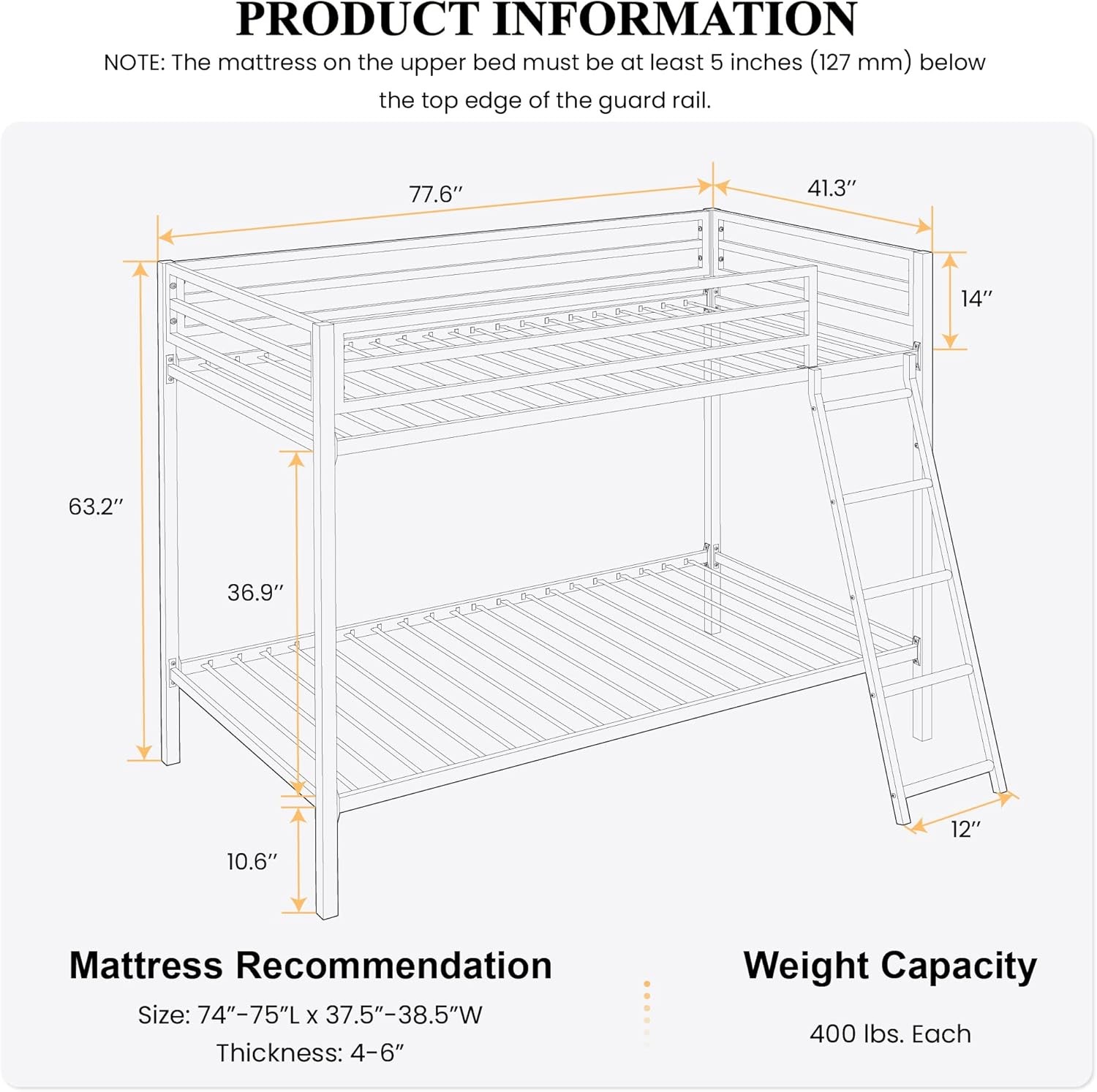 Black Loft Bunk Bed Twin Over Twin with Guardrail