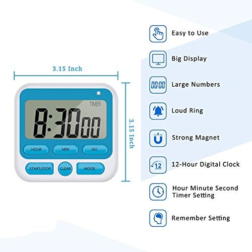 Upgraded Digital Kitchen Timer, ON/Off Switch, 12/24 Hour Clock and Silent Blue