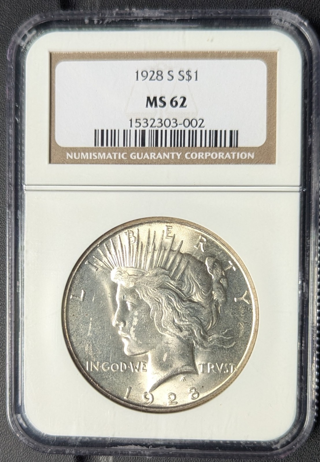 1928-S Peace Silver Dollar NGC MS62 Nice For The Grade Old Holder Blast White