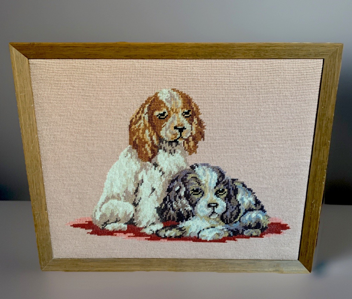 Vintage Needlepoint/Petit Point Cocker Spaniels GORGEOUS Framed 16.5” x 20.5”