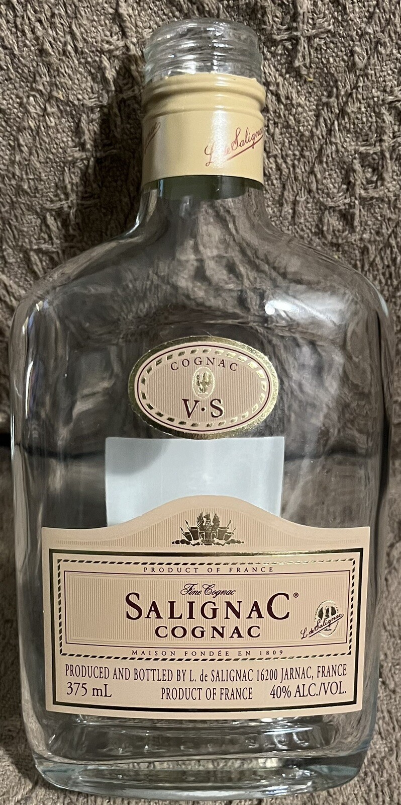 Salignac Fine Cognac V.S. 375 mL Empty Liquor Bottle Crafting Jarnac France