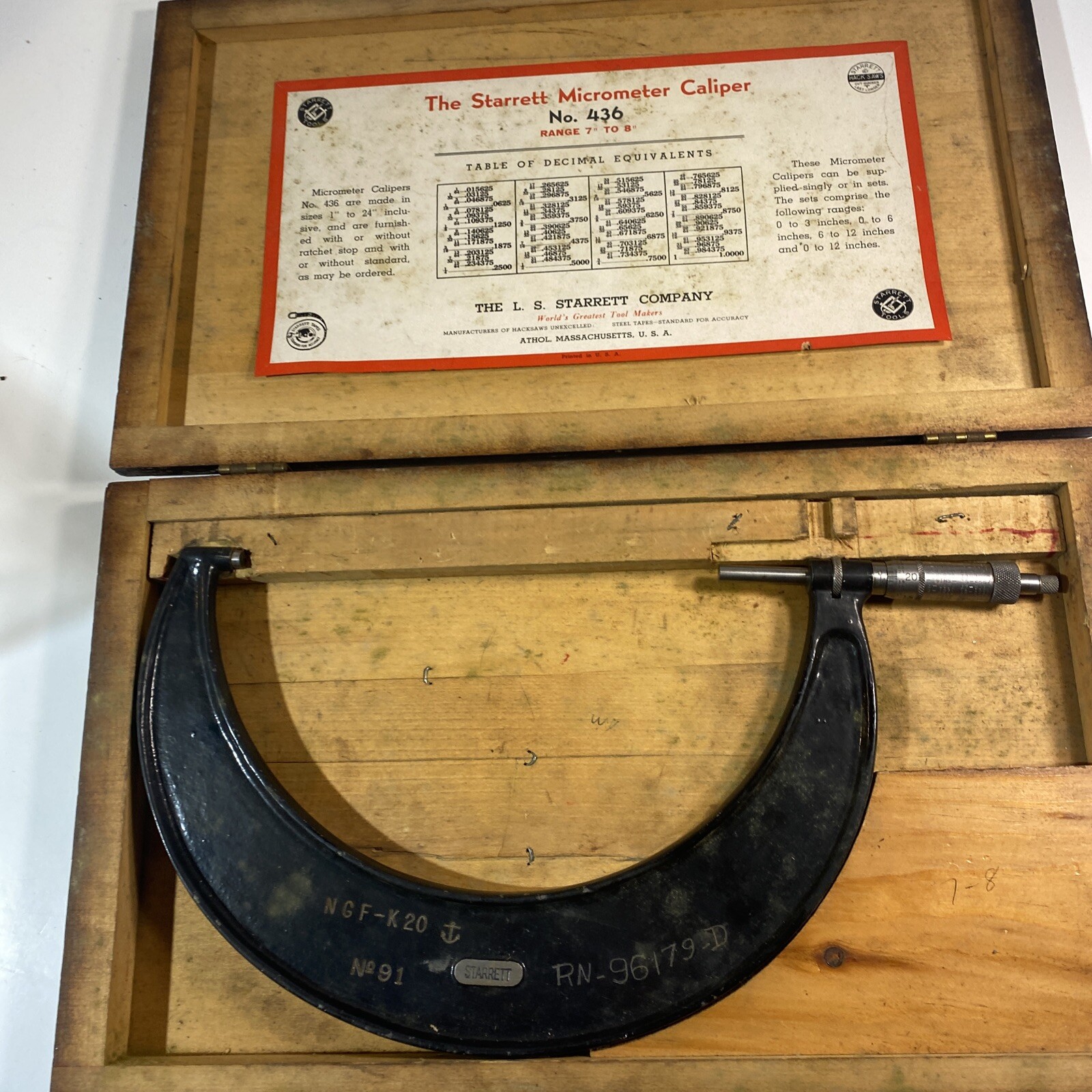 STARRETT  MICROMETER 7"-8” Model NO. 436 With Original wooden Case Nice