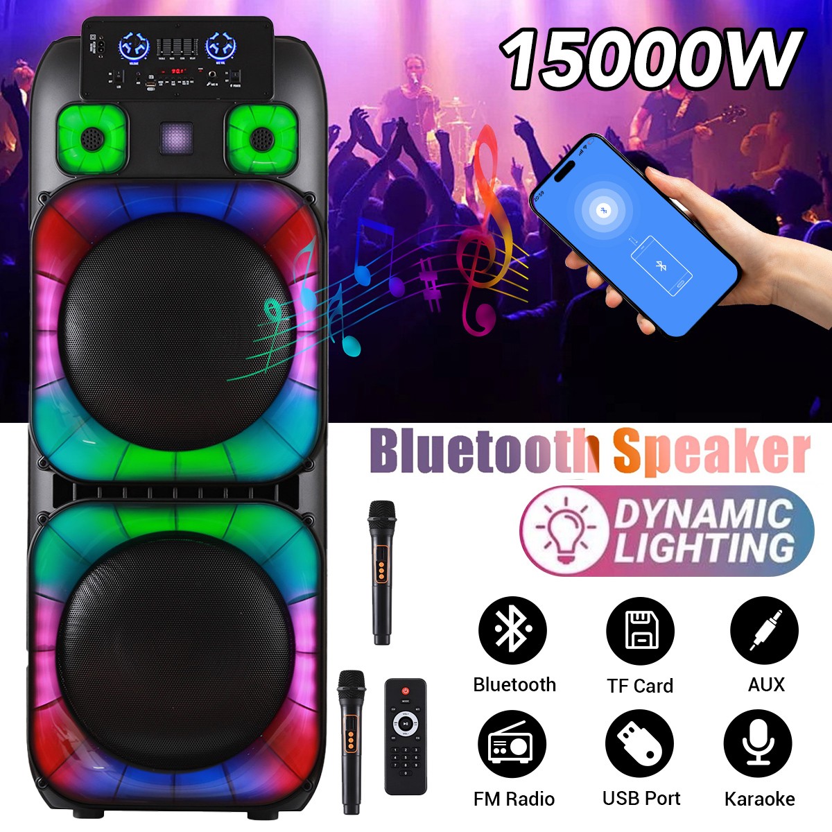 Dual 15” Woofers Powerful Bass Sound Bluetooth Speaker w/ Mic LED Party Speaker