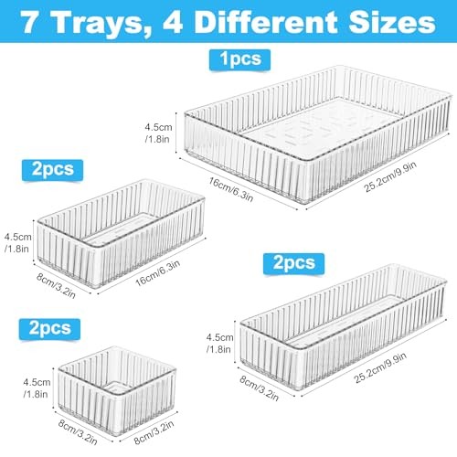 7PCS Clear Drawer Organizers Bins, 4 Size Stackable Makeup Drawer 7 Pack