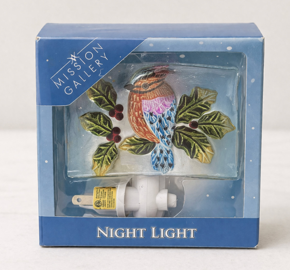 Mission Gallery NIB Decorative Night Light Glass Panel Holly Berries