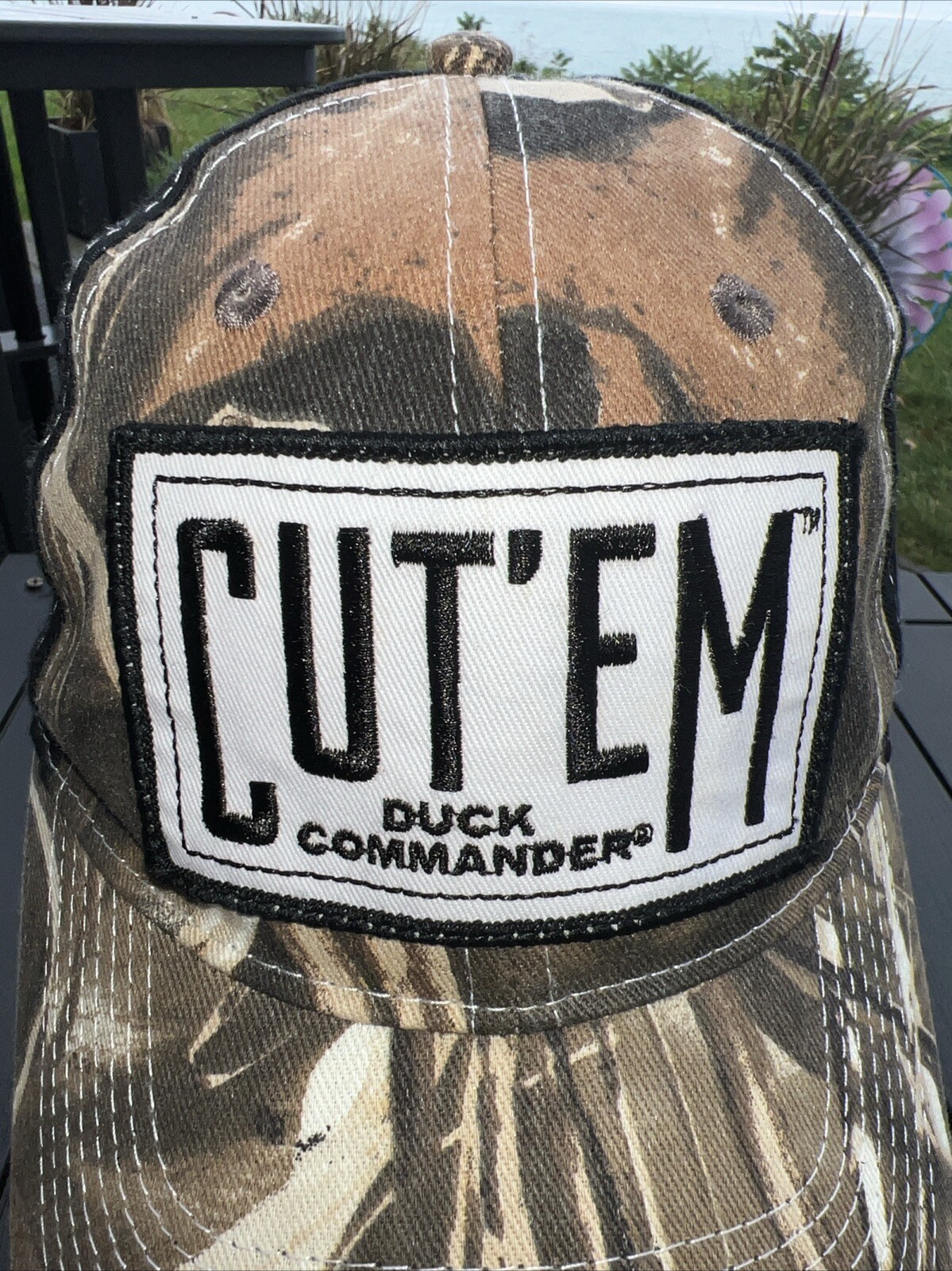 CUT’EM Duck Commander White Patch on Black w Camouflage Front Bill Hat Cap Adj
