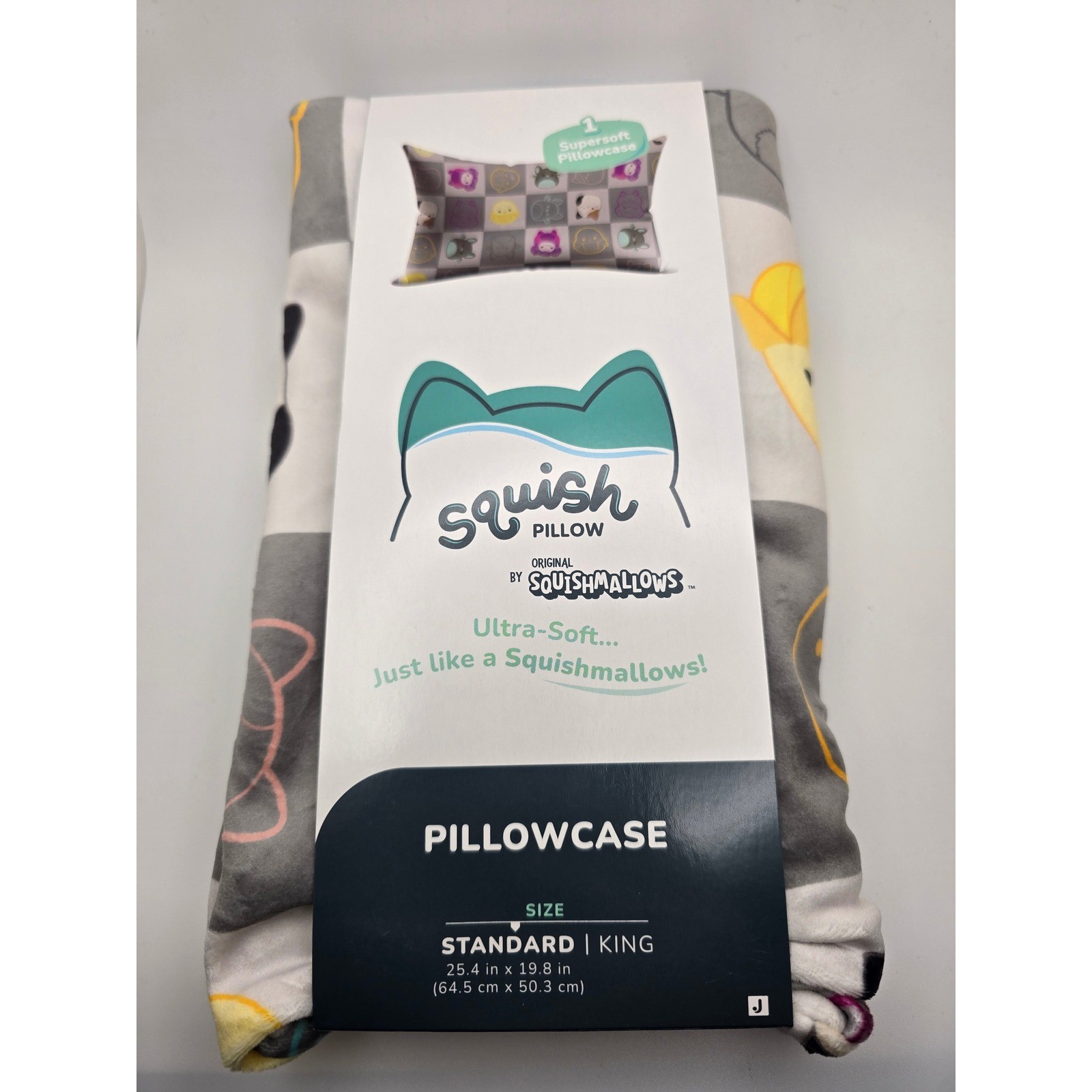SquishPillow by Squishmallows Ultra Soft Pillowcase Cover Gray Squares Standard