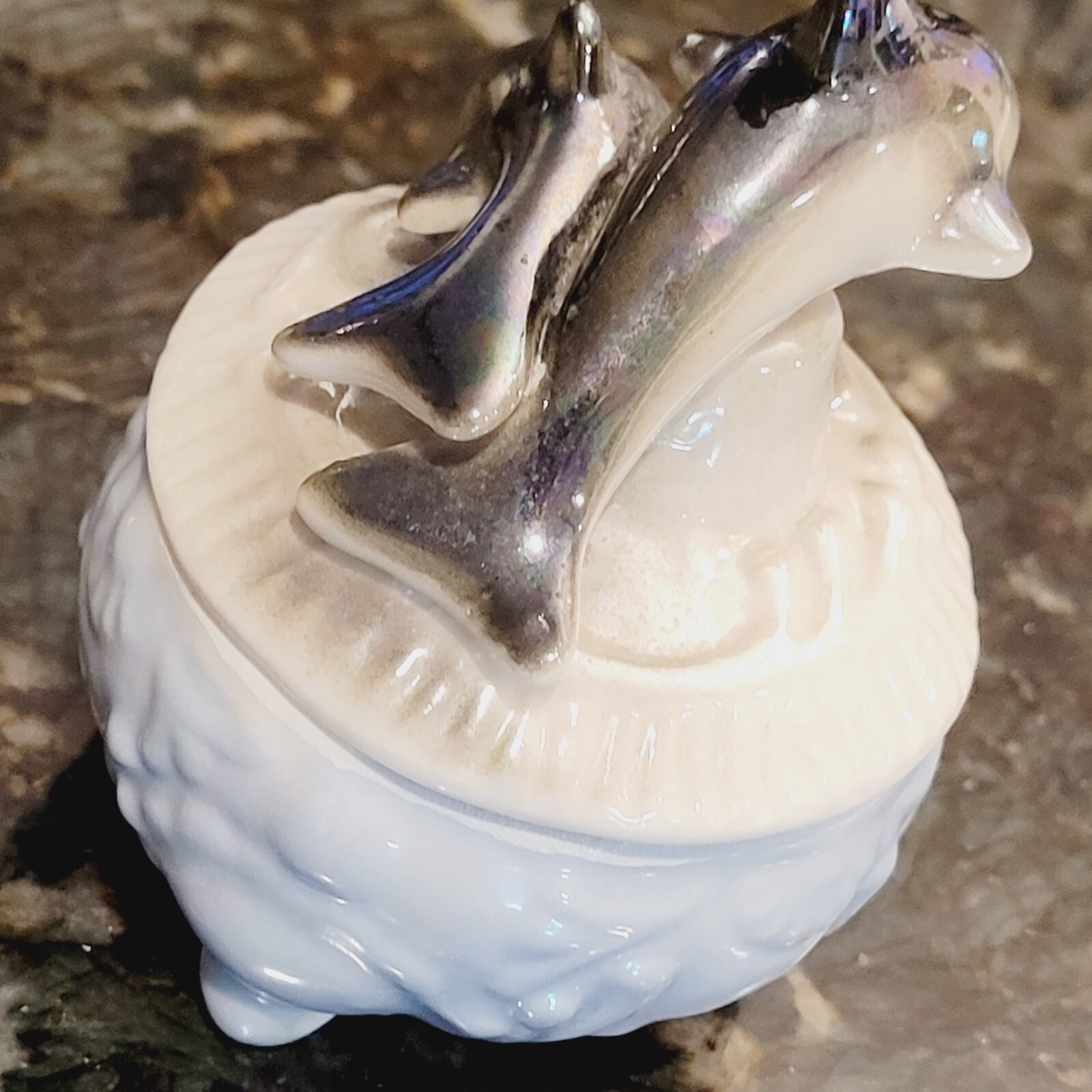 Ceramic Whimiscal Double Dolphins Lidded Trinket Box