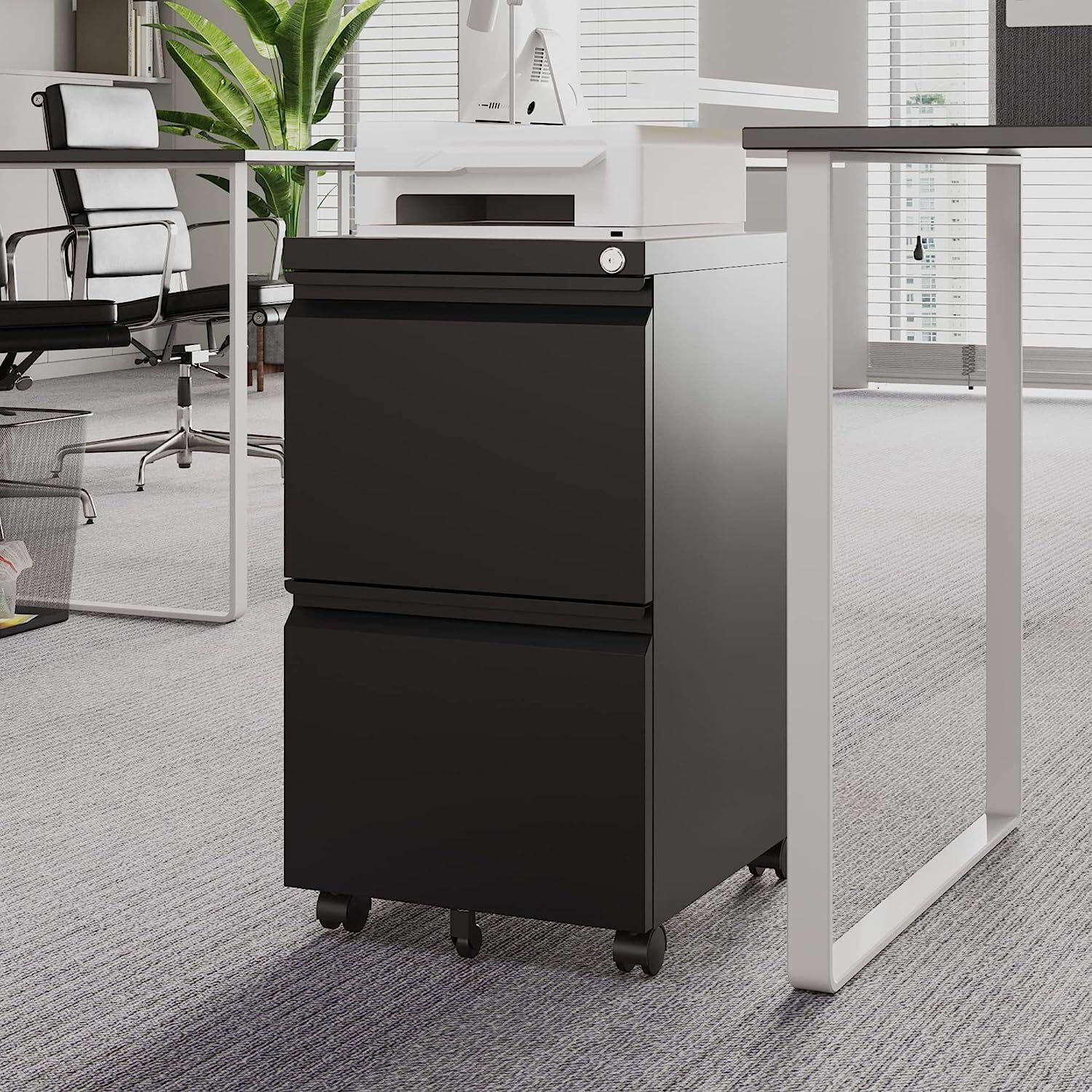 Metal 2 Drawers Office Filing Storage Cabinet with Lock Wheels Rolling Cabinets