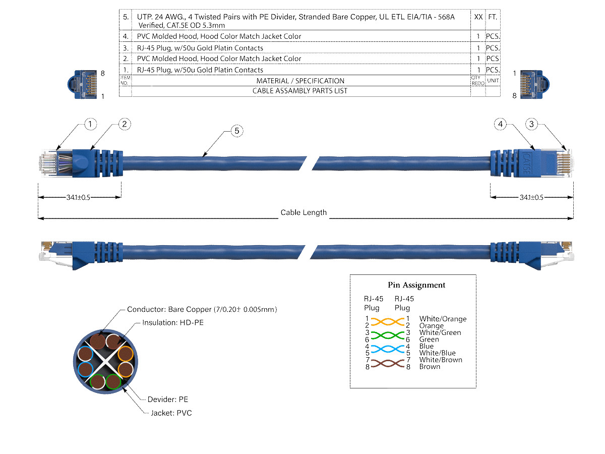 2ft Cat5e UTP Ethernet Network Patch Cable Snagless 24AWG Bare Copper, Blue