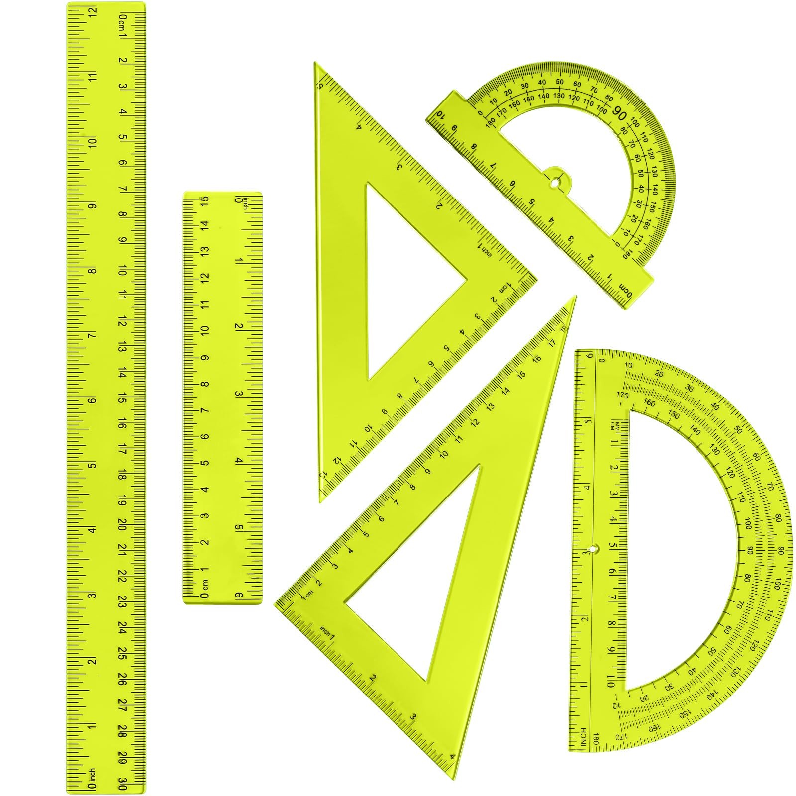 6 Pcs Plastic Ruler Math Set Includes 12 Inch 6 Inch Straight Protractor Triangl