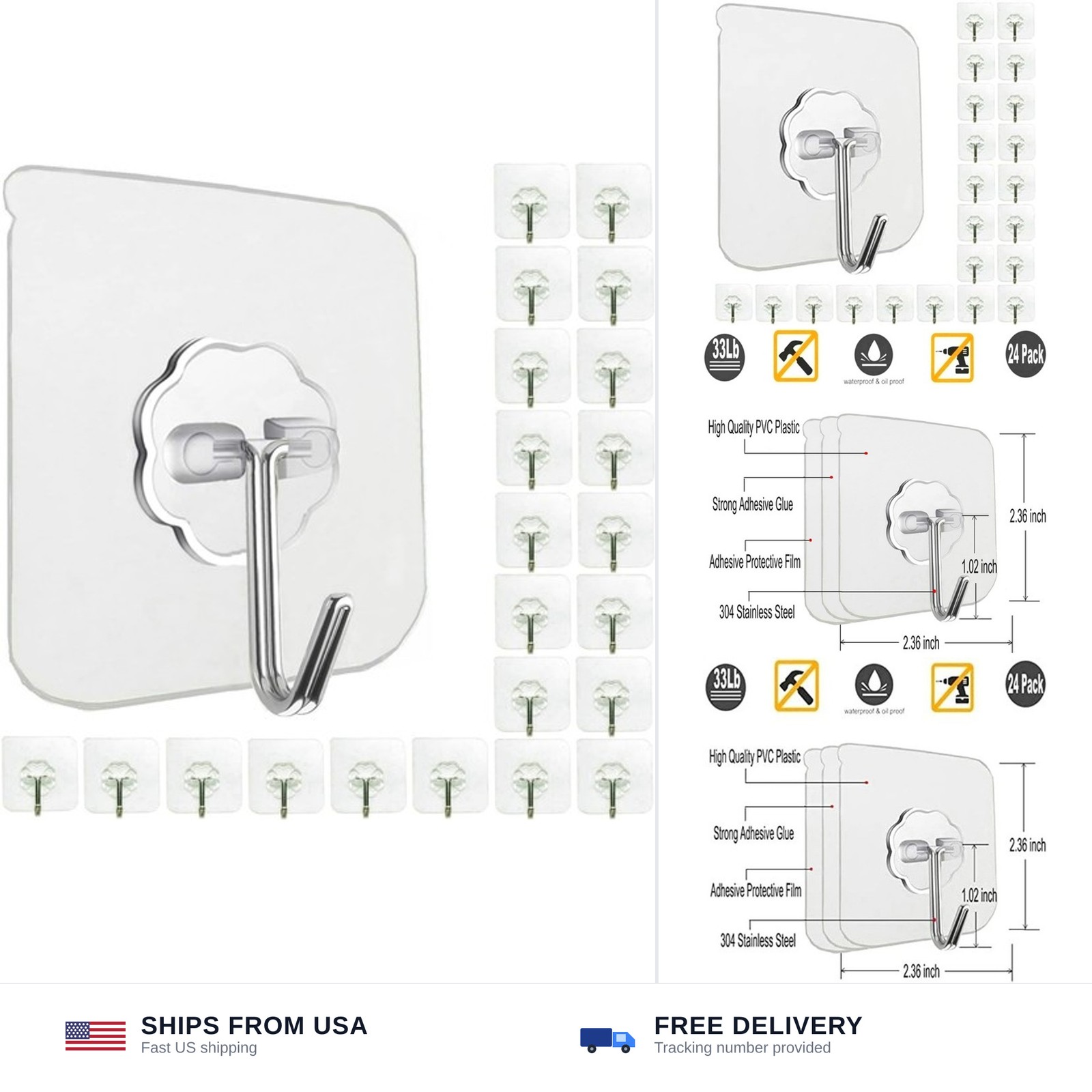 24 Pack Adhesive Wall Hooks 33LB Heavy Duty No Drill Clear Sticky Hooks | Tra...