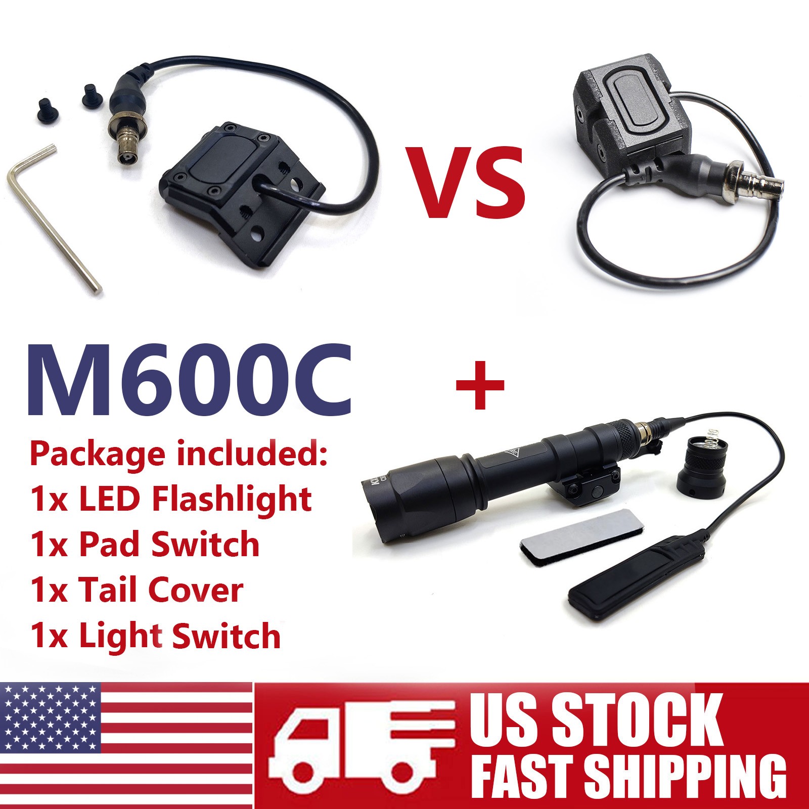 M600C Picatinny Flashlight W/ Pressure Switch + Remote Button Light Switch US