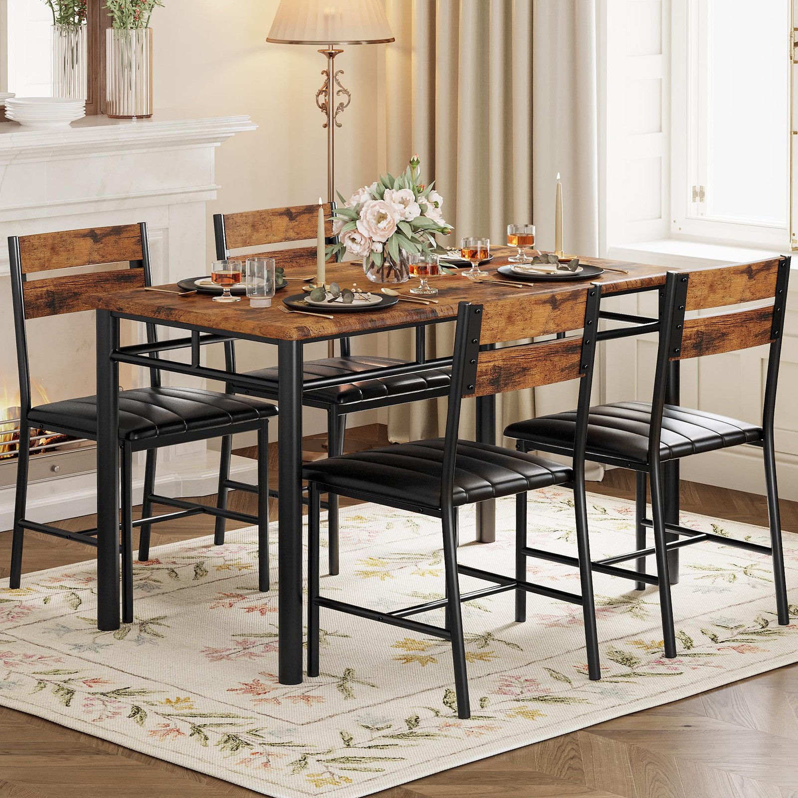IRONCK Dining Table Set for 4, Wood Kitchen Table with Upholstered Chairs for Ki