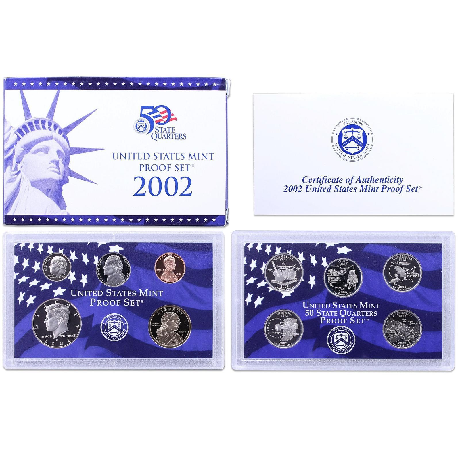 2002 S Proof Set Original Box & COA 10 Coins CN-Clad