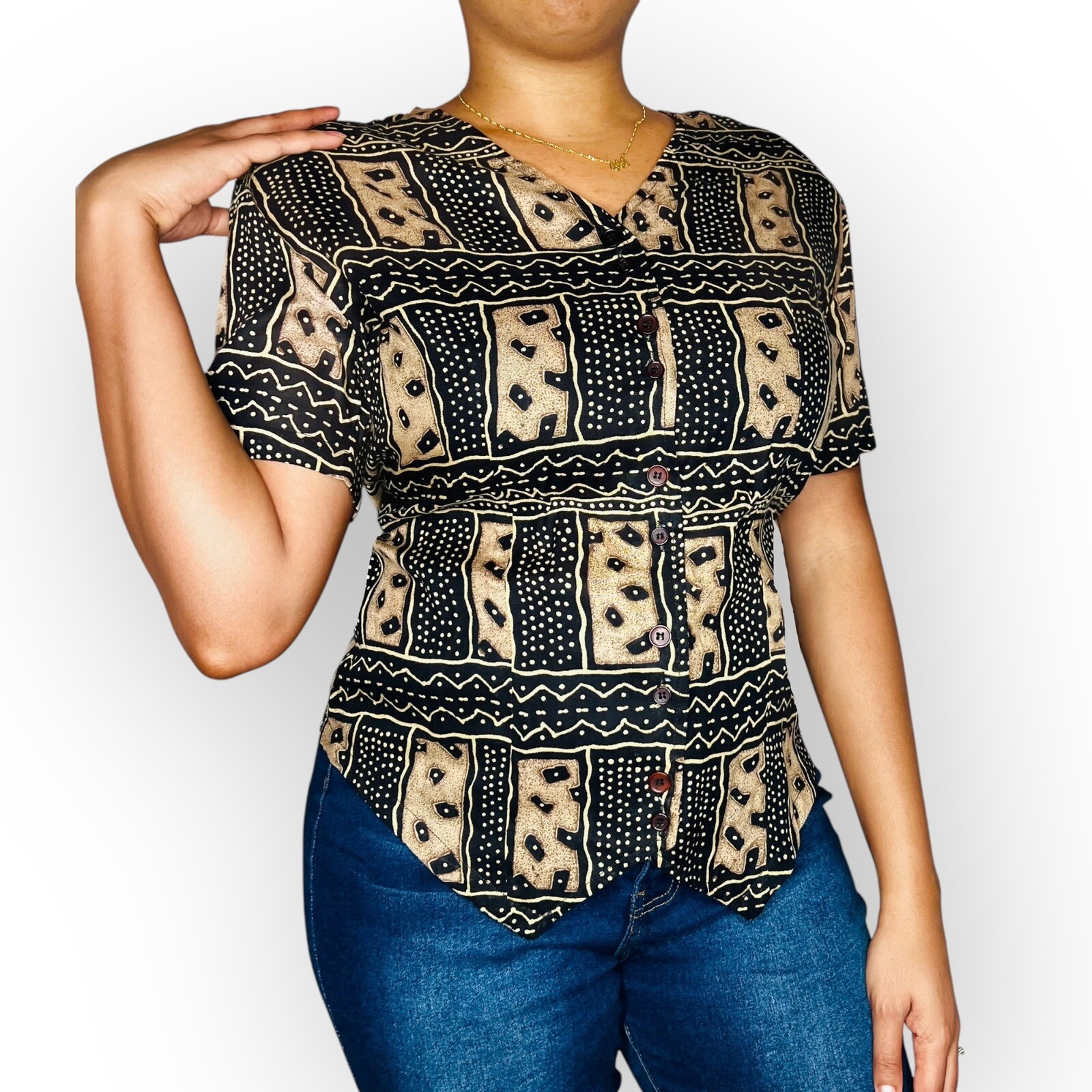 Vintage Black & Brown V-Neck Button Down Tribal Print Women Blouse/Shirt ￼