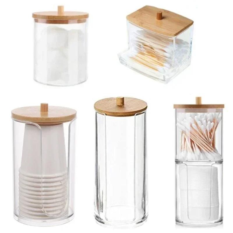 Bathroom Acrylic Jar Organizer – Cotton Swab & Round Pad Holder with Bamboo Lid