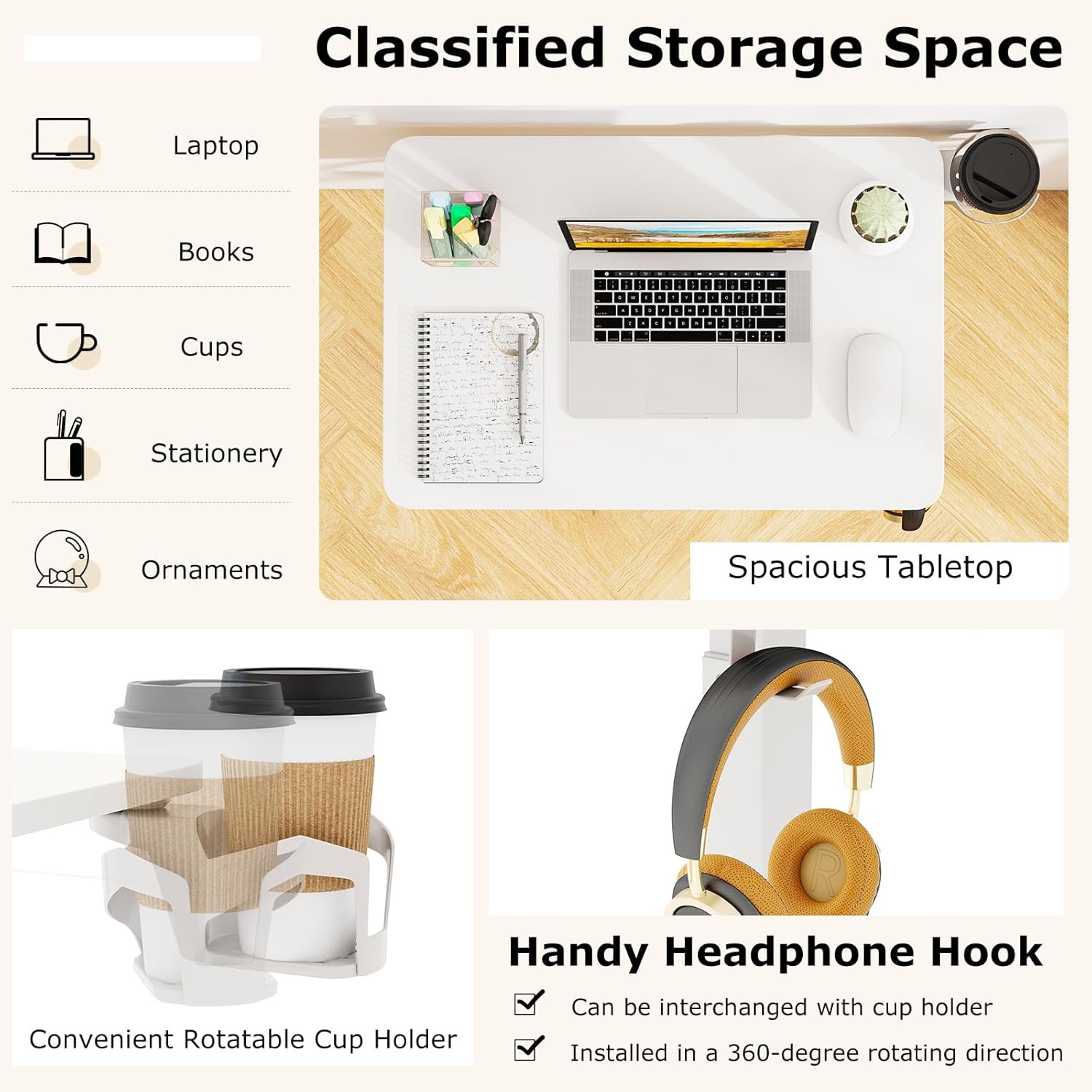 Pneumatic Mobile Standing Desk with Cup Holder & Headphone Hook - White