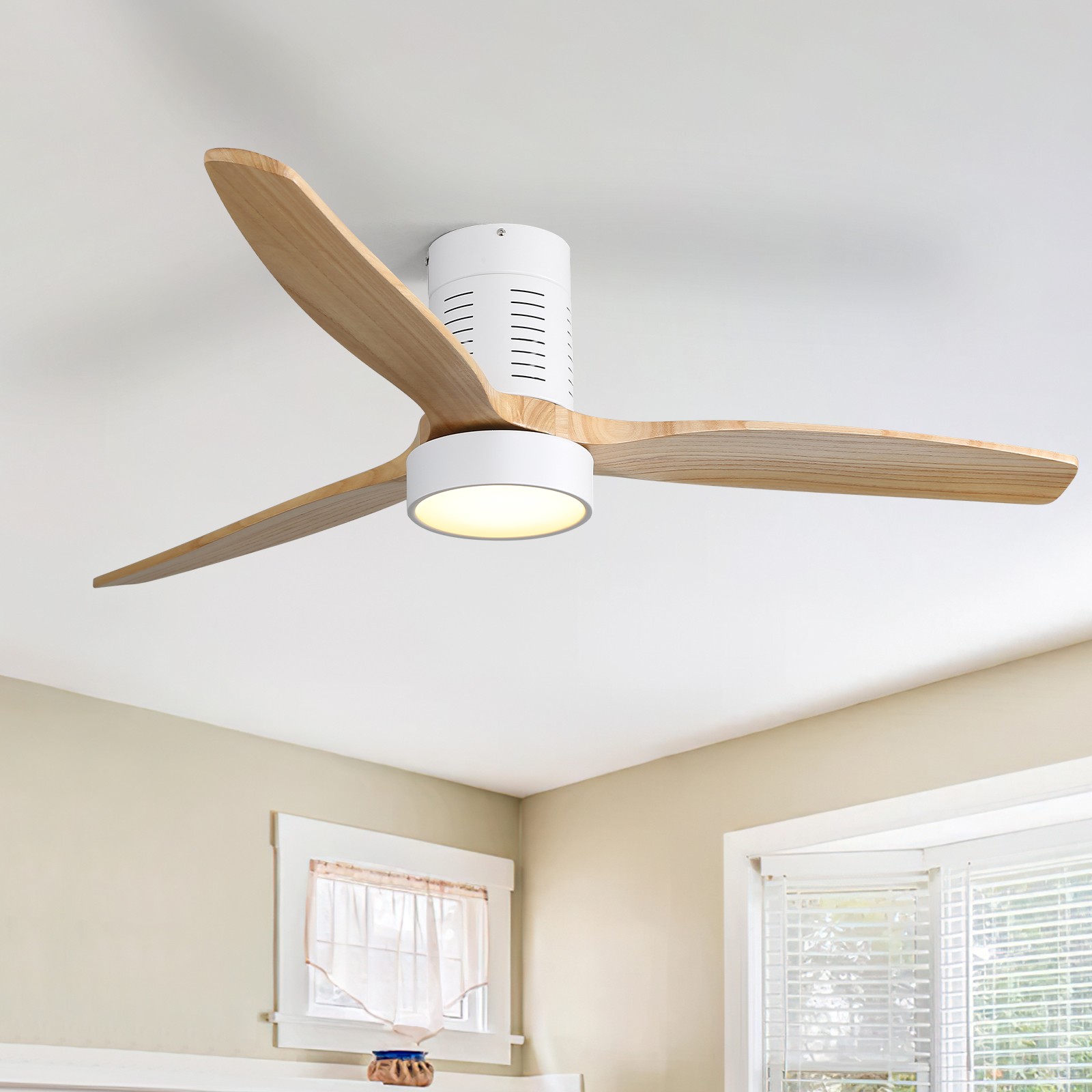 Bedroom Ceiling Fan With Integrated LED & Remote & Solid Wood Blades Reversible