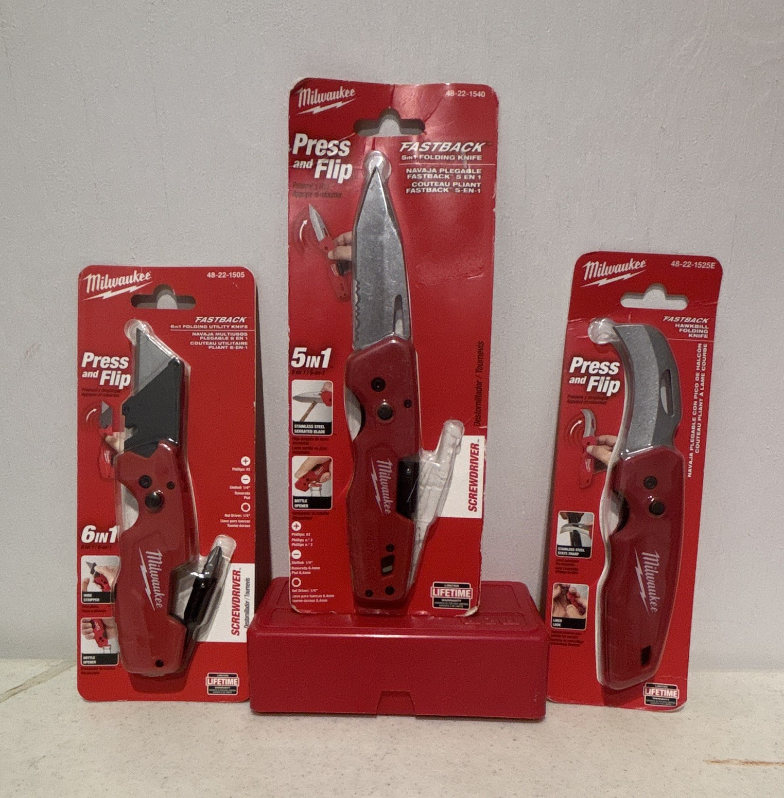 Milwaukee FASTBACK Folding Knife Set 3pc Red/Black Steel 48-22-1505/1540/1525E