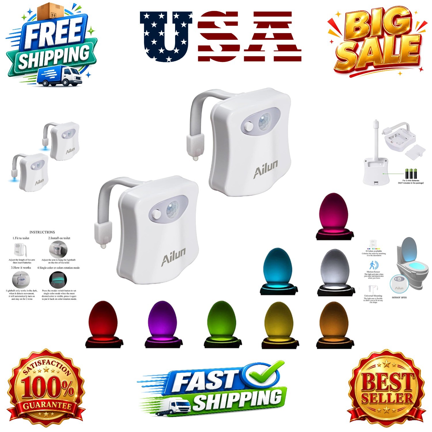 Toilet Night Light 2Pack by Motion Sensor Activated LED Light 8 Colors Changi...