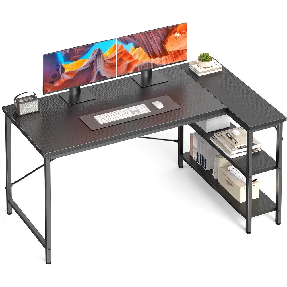 L-shaped computer desk with a flip-top storage shelf