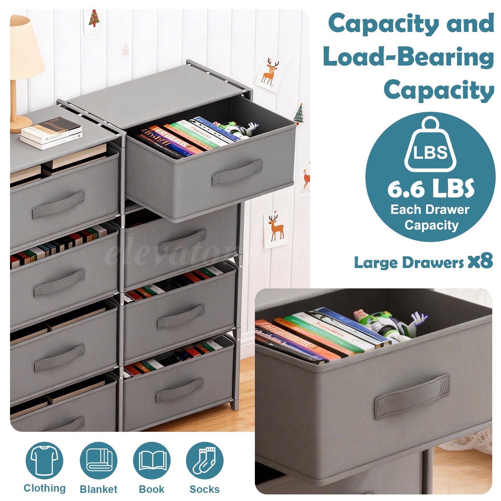 Non-Woven Fabric Multi-Functional Storage Cabinet, Double Row 8-Drawer, Grey