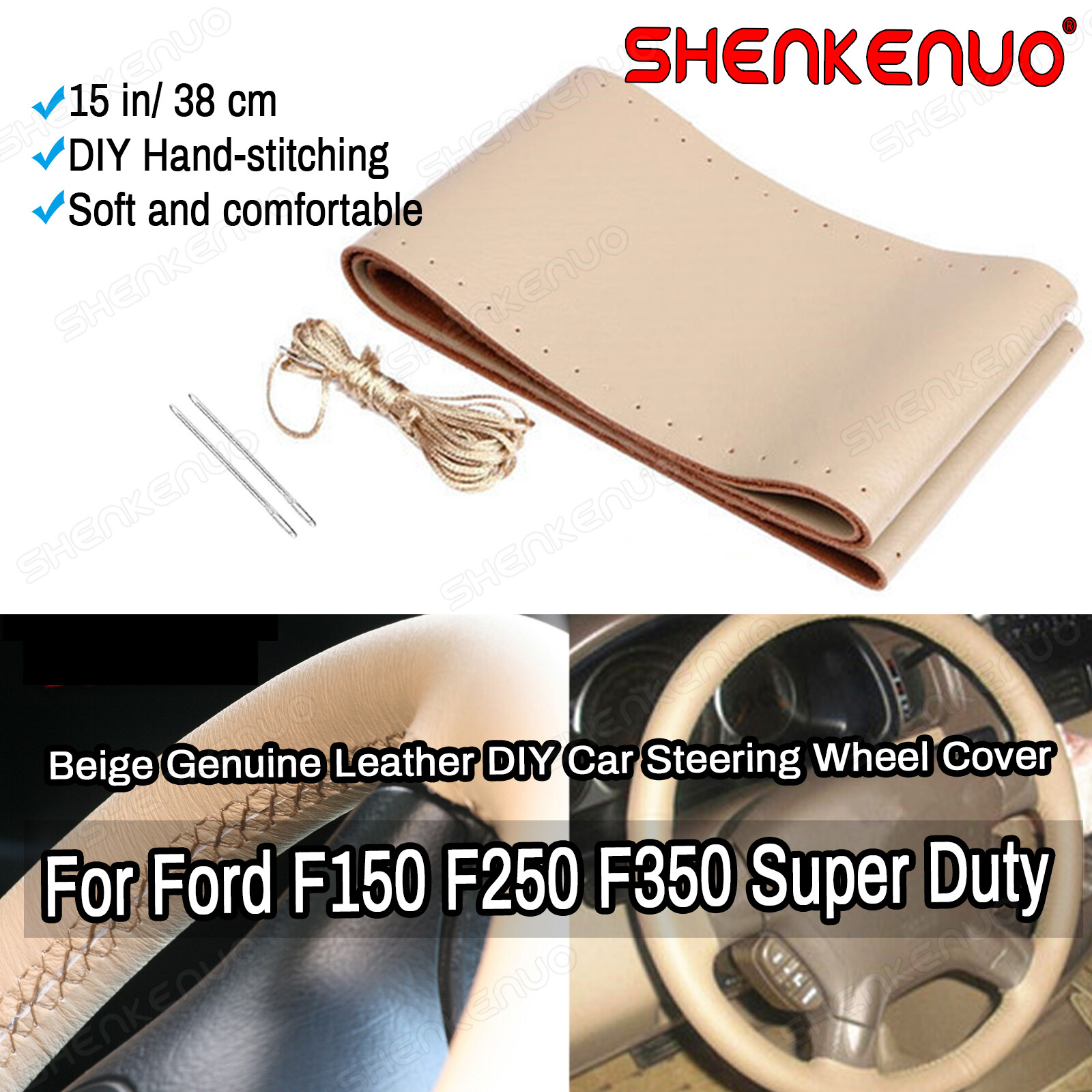 For Ford F150 F250 F350 Super Duty - Leather Wrapped Steering Wheel Cover Beige