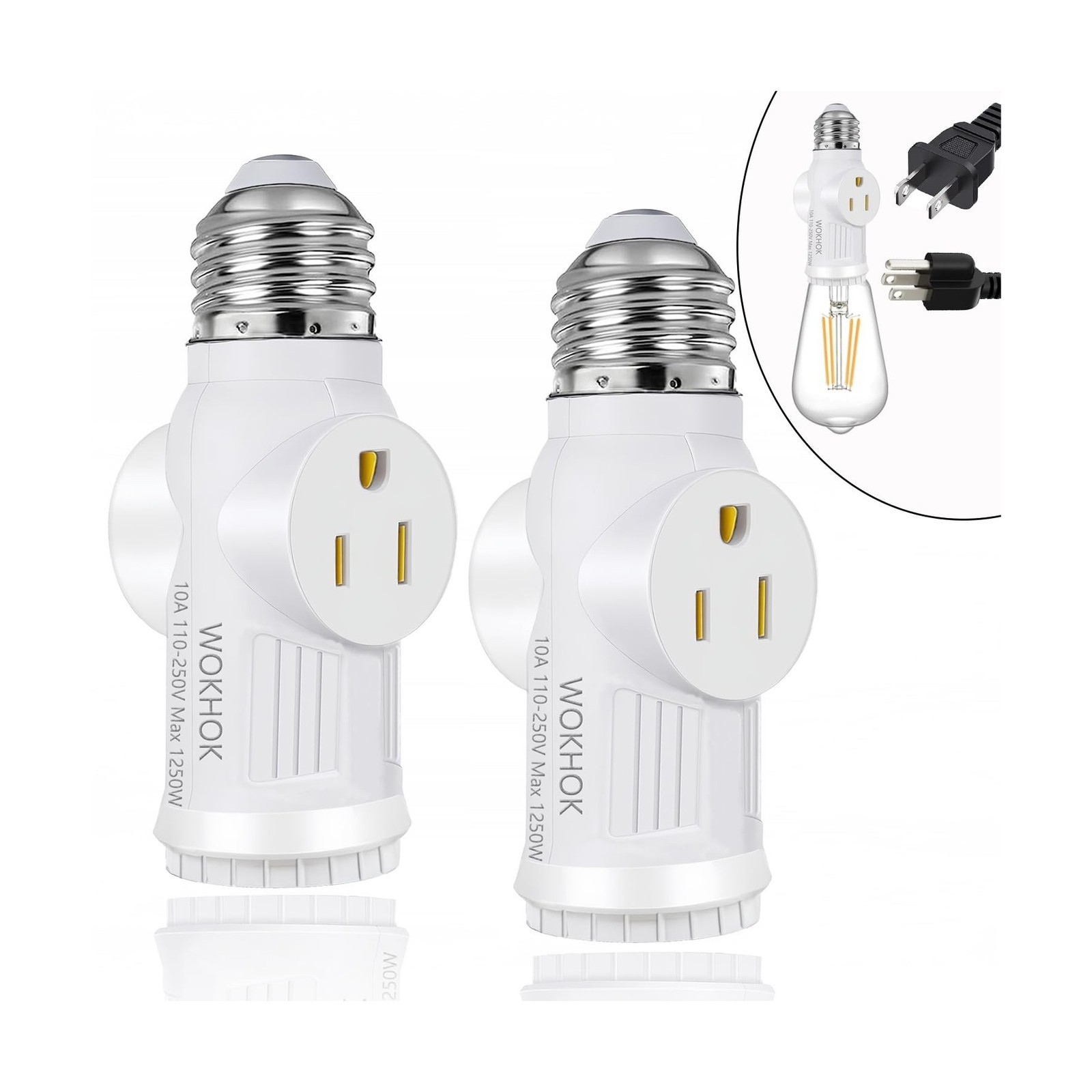 2 Pack E26 Light Socket to Plug Adapter with Bulb Socket White