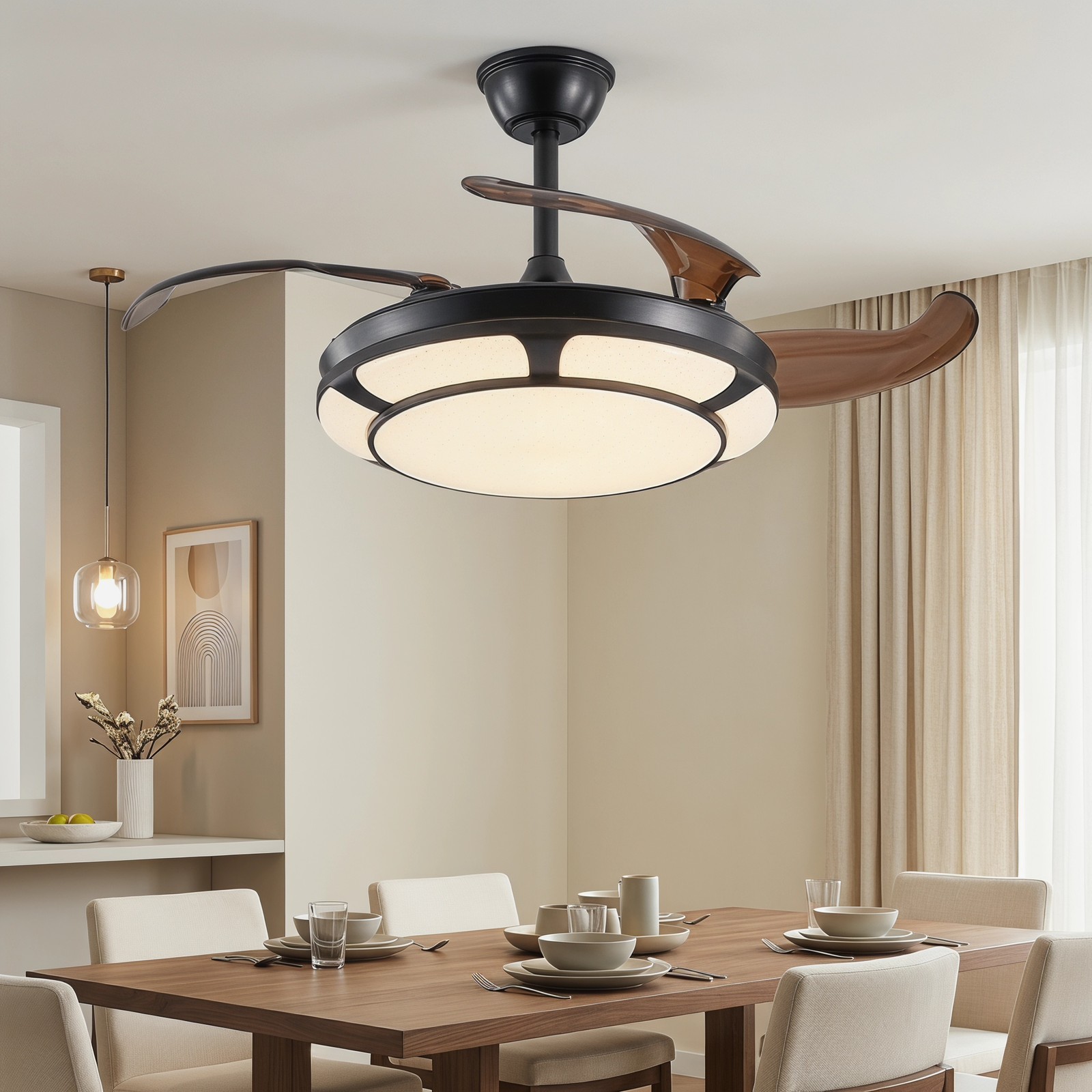 42 inch Remote Control Retractable Ceiling Fan with Dimmable LED Light Black Kit