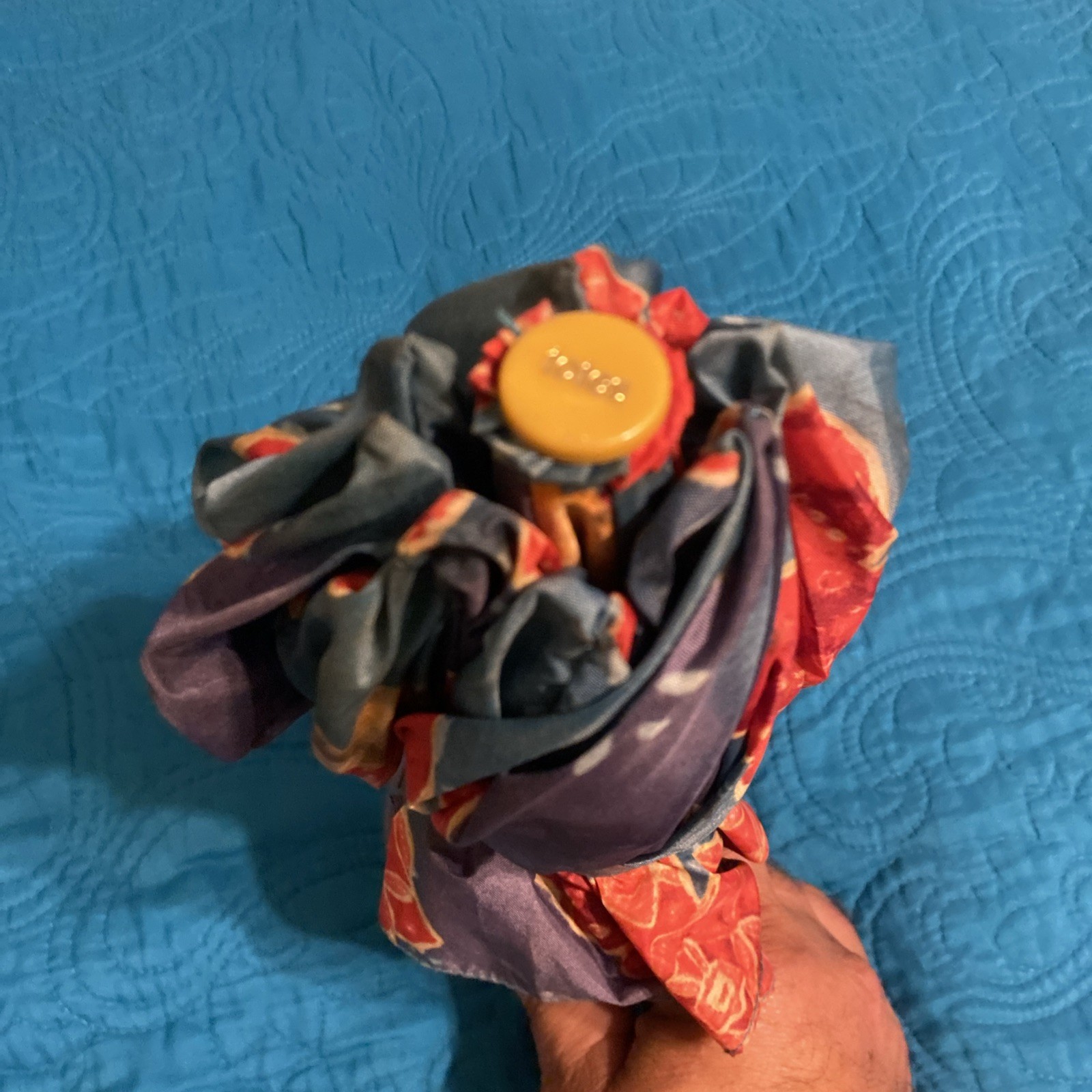 Totes Umbrella Blue Floral Multicolor Wood Handle Button Closure