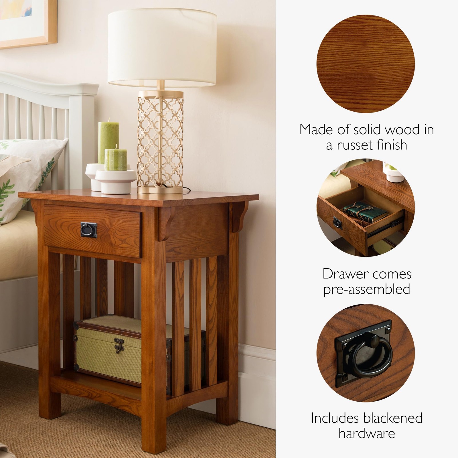 Mission Impeccable Nightstand, Solid Wood, 1 Storage Drawer, Additional Secre...