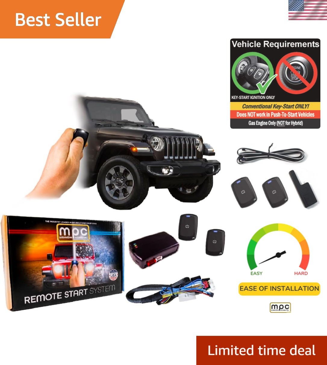 Complete Remote Start System for Jeep Wrangler 2007-2018 - 2,000ft Range, Secure
