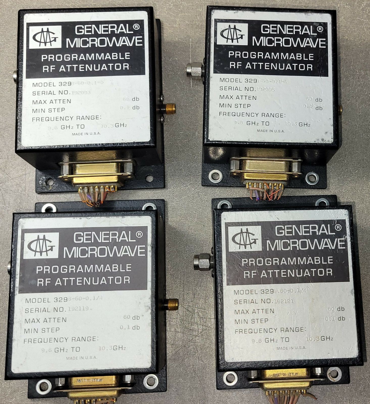 Lot of 4 GM rf attenuators 3298-60-0.1-4,Max Atten 60db/0.1db 9.6GHz to 10.3GHz.