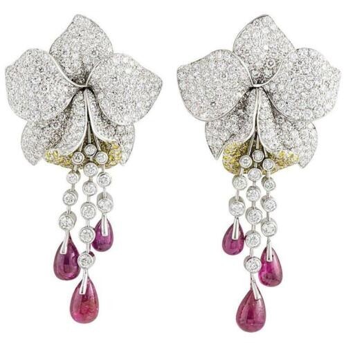 Solid 925 Sterling Silver 7.86 Ct Fancy Pink & diamond Flower Wedding Earrings.