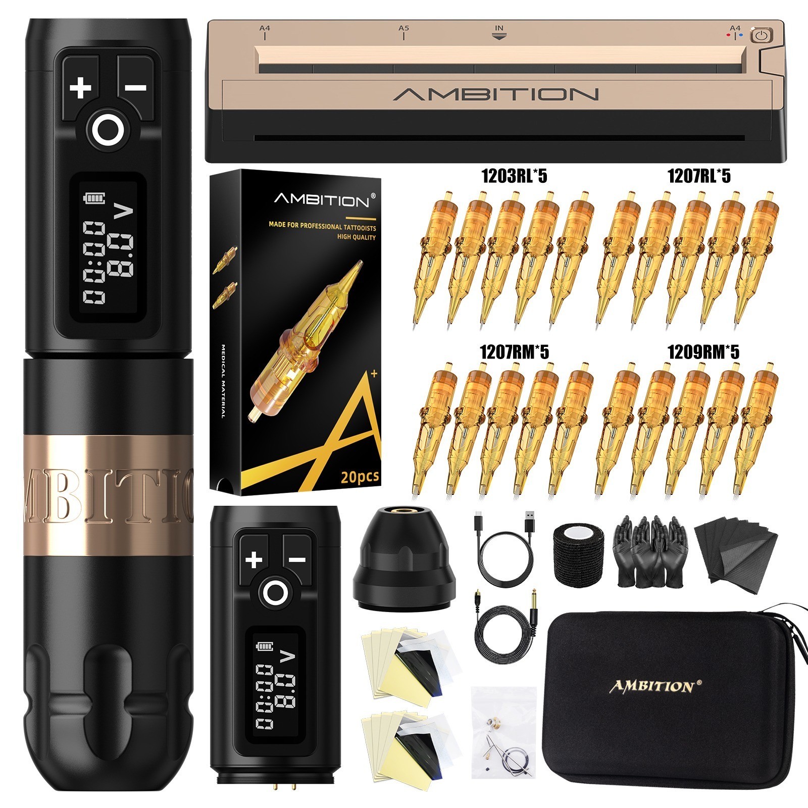 Ambition Soldier Wireless Tattoo Machine Kit + G1 Stencil Printer Complete Kit