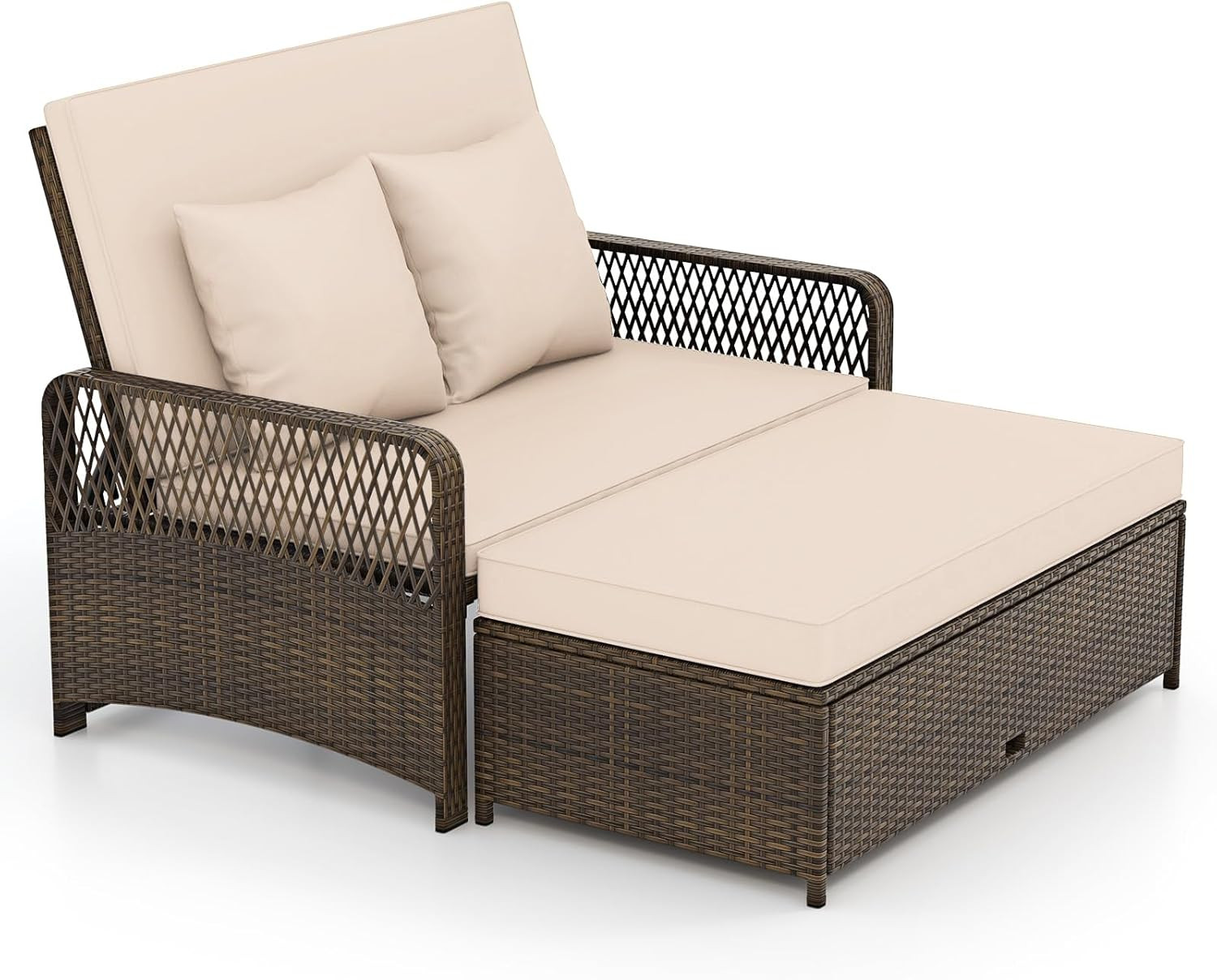 Patio Rattan Daybed with 4-Level Adjustable Backrest, 2-Person Outdoor Wicker Lo