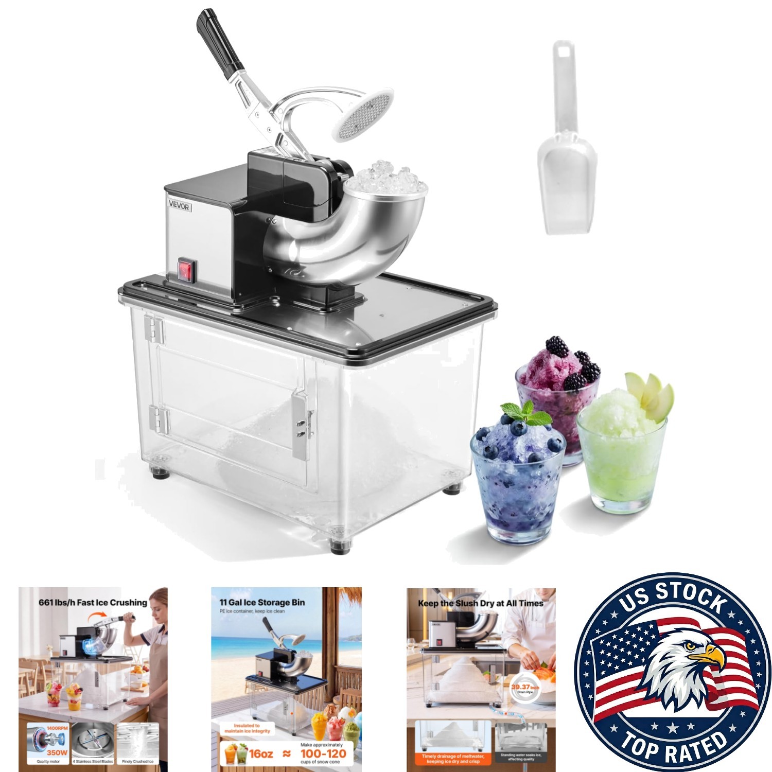 Electric Ice Crusher with Ergonomic Handle and 11 Gal Crushed Ice Box - Black