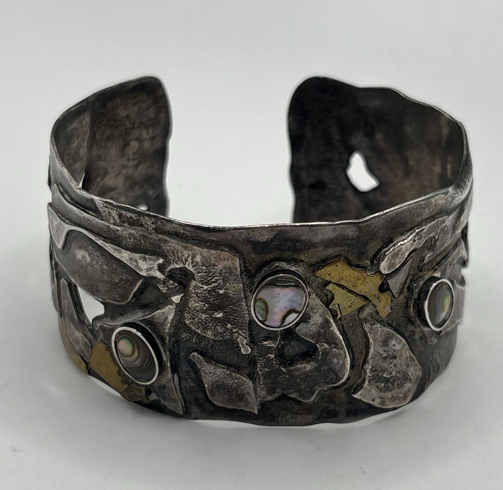 VTG Sterling Silver Mixed Metal Modernist Cuff Bracelet w Abalone-Margery Cooper