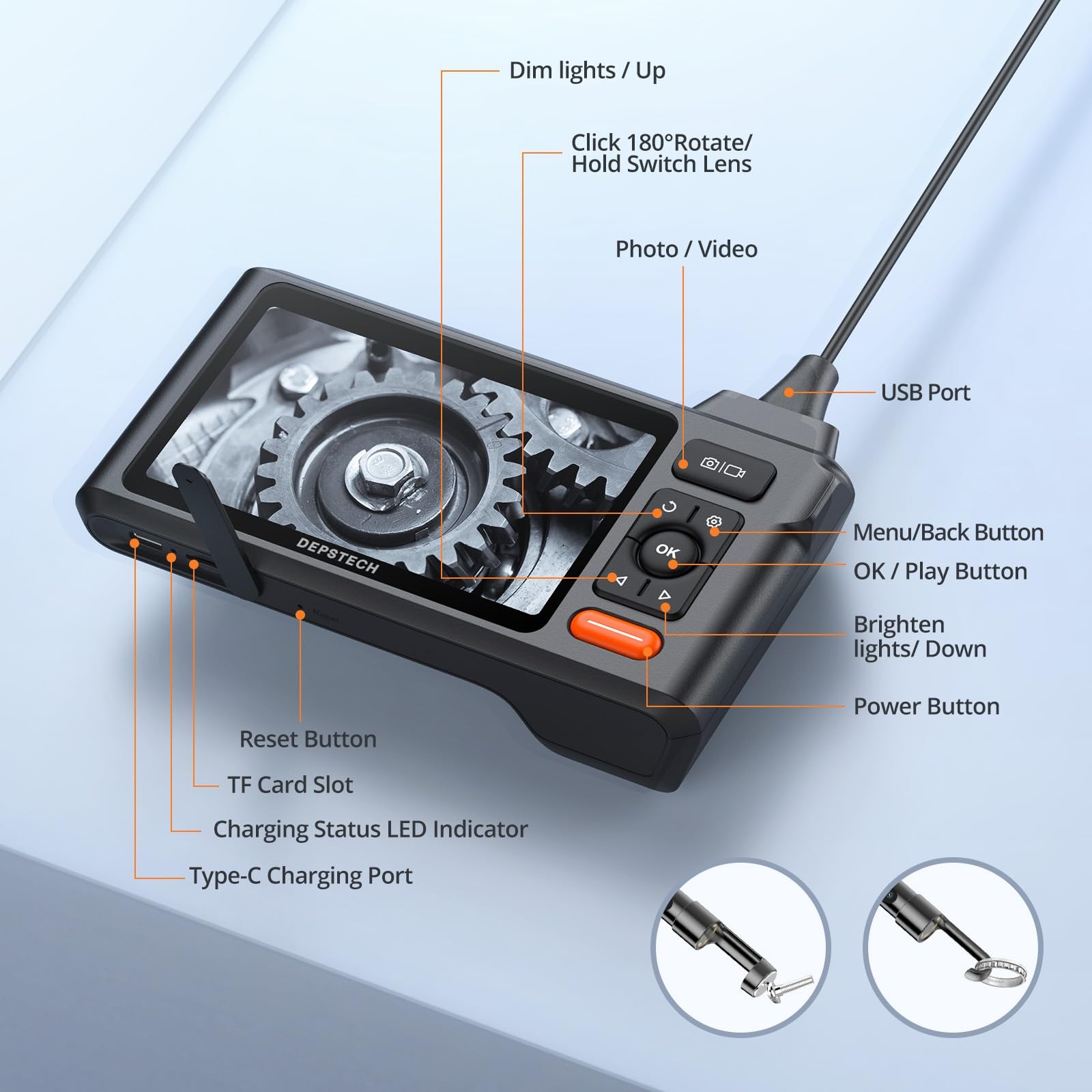 Triple Lens Endoscope Camera with Light with 50FT Semi-Rigid Cable, 5" IPS Sc...