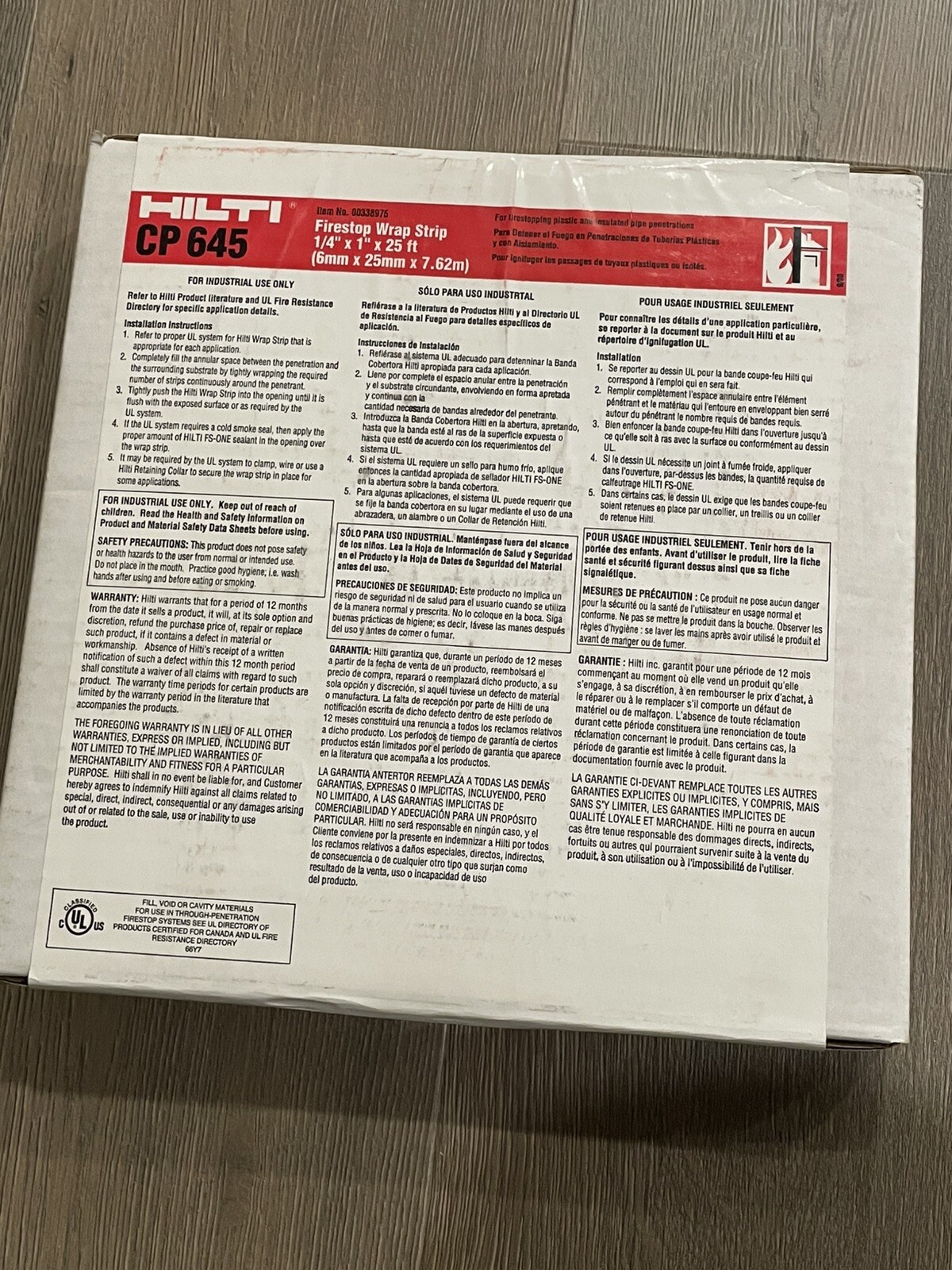 NEW Old Stock Hilti CP 645 Firestop Wrap Strip 1/4” x 1” x 25’ Roll Fire Stop