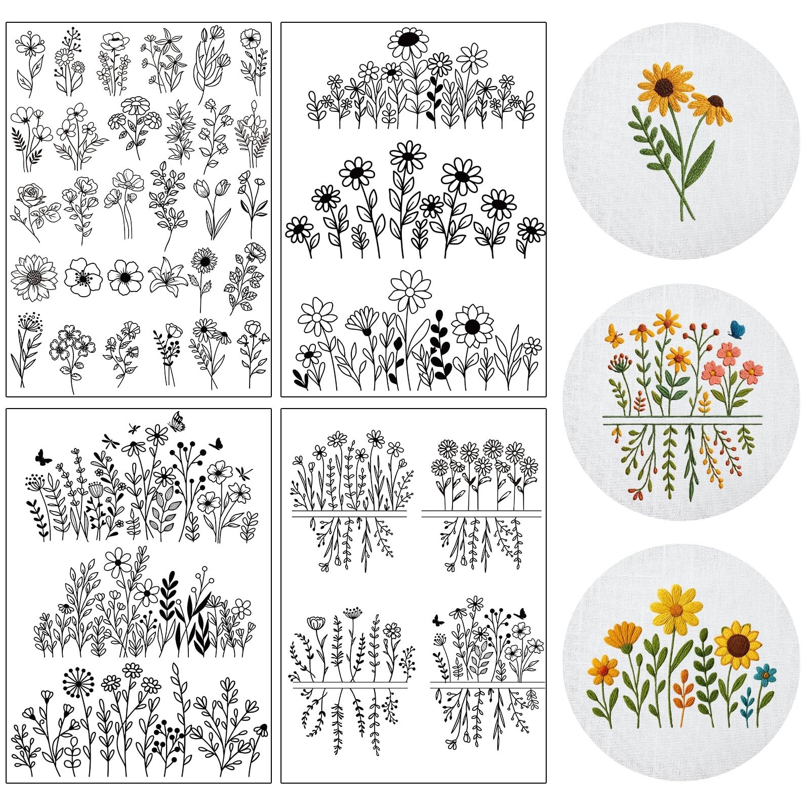 Flower Water Soluble Embroidery Patterns - 4 Sheets 40 Pcs Stick and Stitch E...