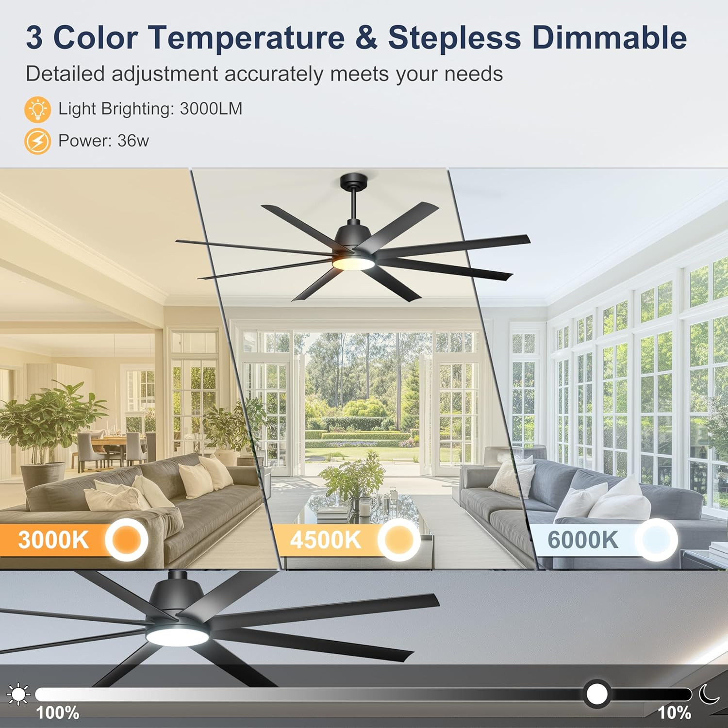 72" Smart Ceiling Fan with Light, Remote & App Control, 6 Speed, Black