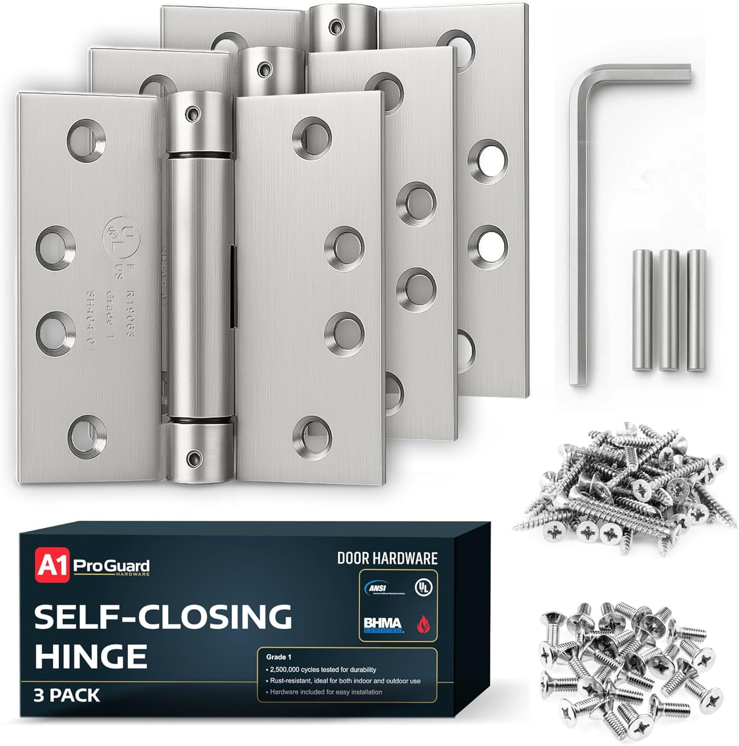 A1 Proguard Satin Door Hinges 4.5 Inch Self Closing Hinge Hardware Adjustable...