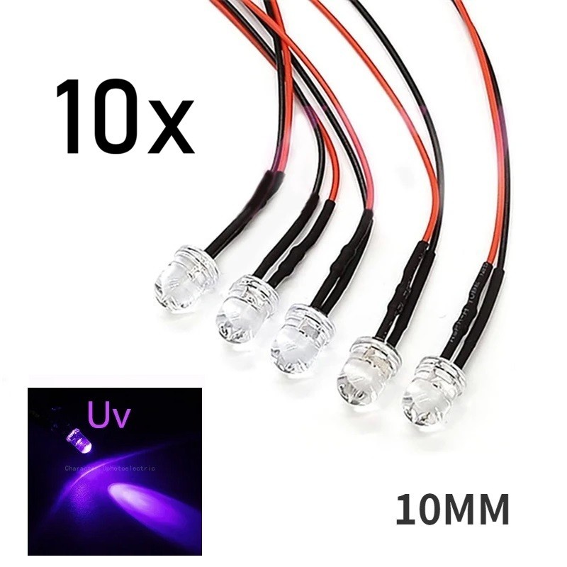 10x UV/Purple LED Light Single Bulb Wired Resistor 5-12V 10mm Large Round Clear